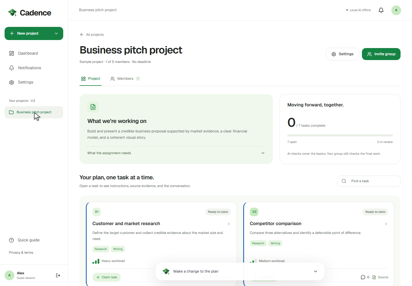 Cadence sample workspace with source requirements, tasks, and ownership
